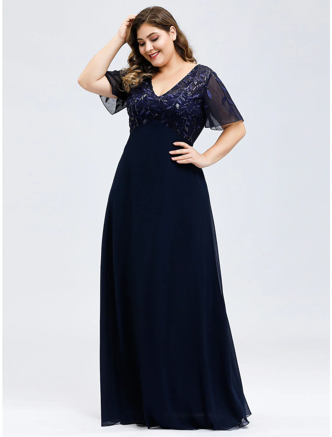 A-Line Empire Party Wear Prom Dress V Neck Short Sleeve Floor Length Tulle with Sequin Appliques - TREBLEV