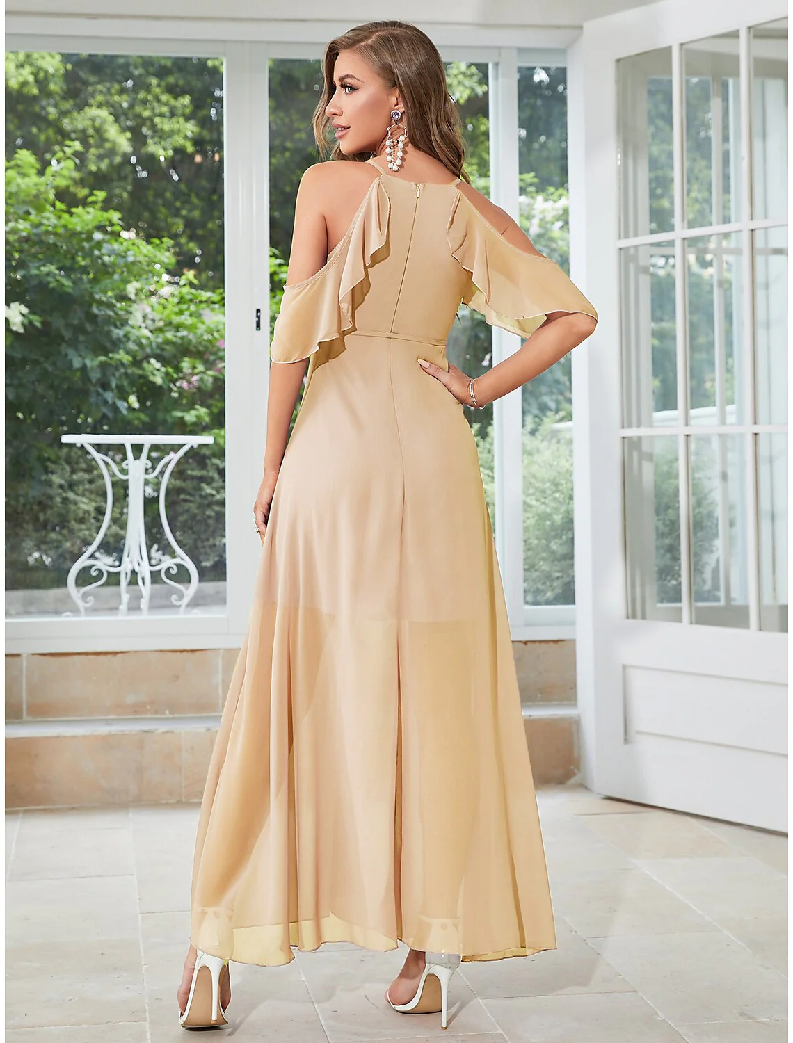 A-Line Wedding Guest Dresses Elegant Dress Party Wear Ankle Length Sleeveless V Neck Chiffon with Ruffles Slit Strappy - TREBLEV