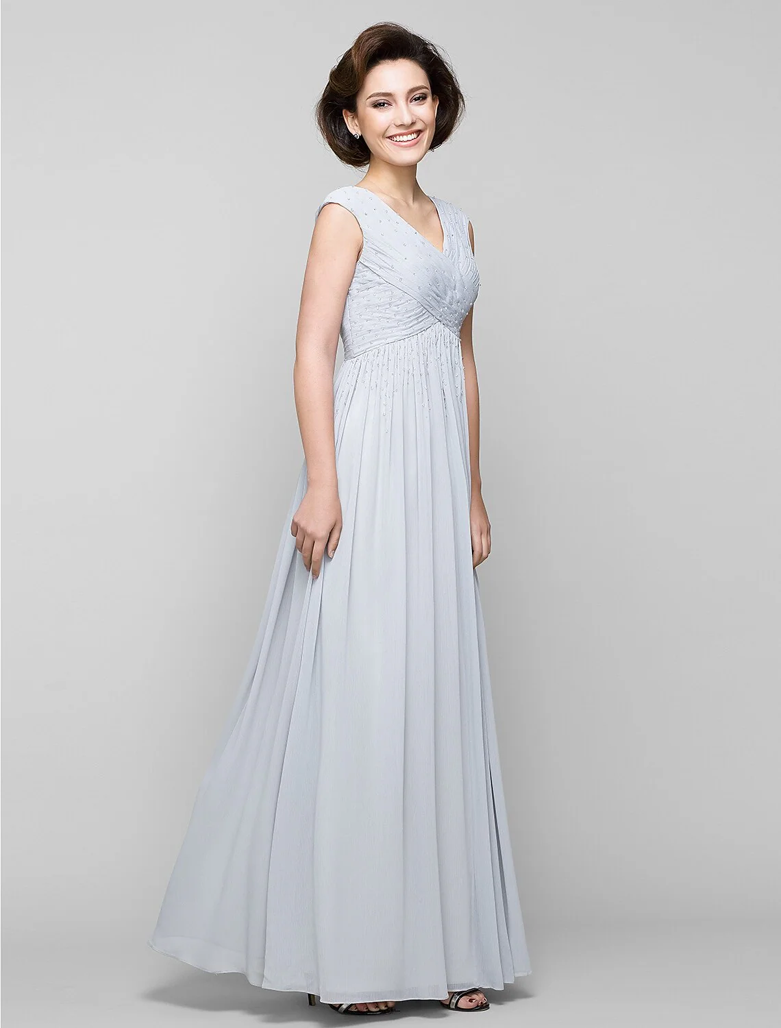 A-Line Mother of the Bride Dress Elegant V Neck Floor Length Chiffon Sleeveless with Cross Beading - TREBLEV