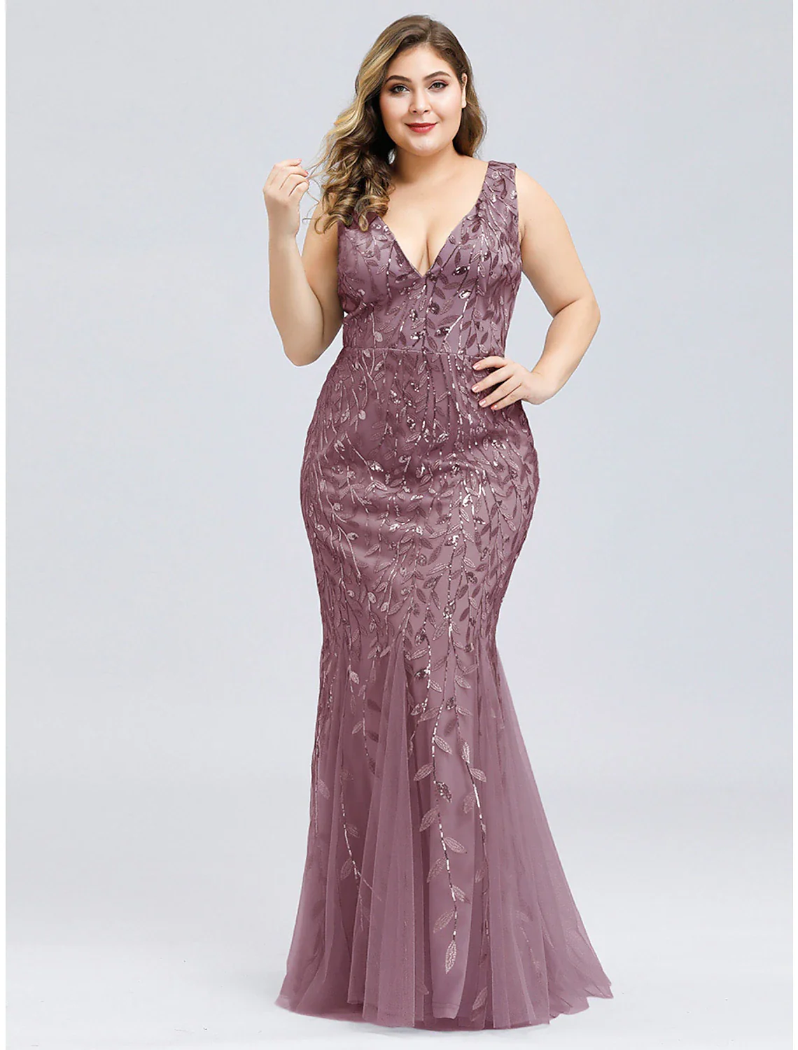 Mermaid / Trumpet Sparkle Sexy Prom Formal Evening Dress V Neck V Back Sleeveless Floor Length Tulle with Sequin Appliques - TREBLEV