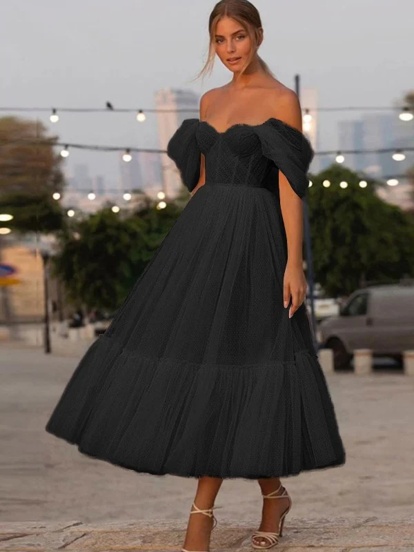 A-Line/Princess Tulle Ruffles Off-the-Shoulder Sleeveless Tea-Length Homecoming Dresses - TREBLEV