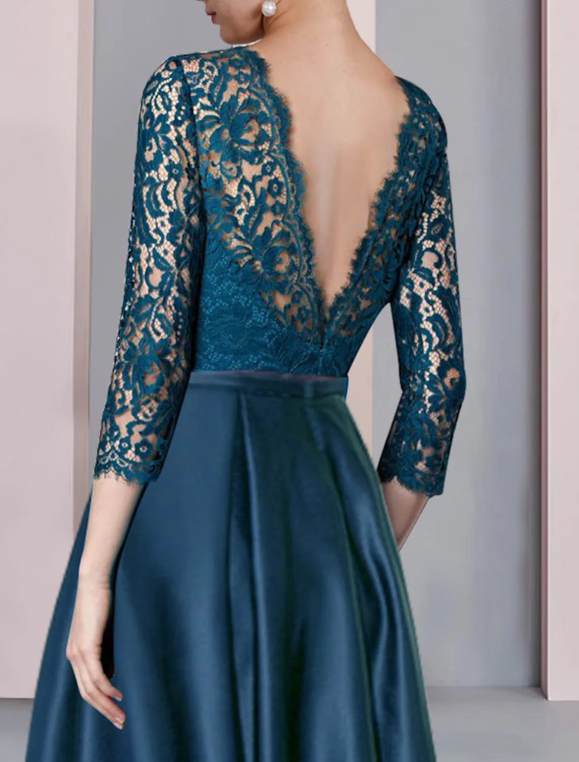 A-Line Mother of the Bride Dress Formal Wedding Guest Elegant High Low Scoop Neck Asymmetrical Satin Lace Half Sleeve with Pleats - TREBLEV