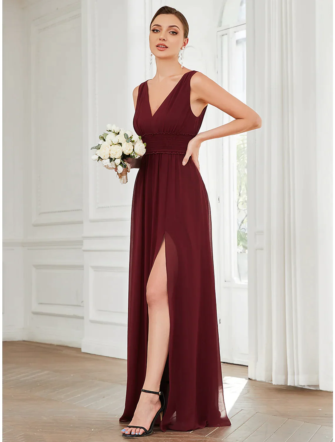 A-Line Evening Gown Minimalist Dress Wedding Guest Floor Length Sleeveless V Neck Chiffon with Pleats - TREBLEV