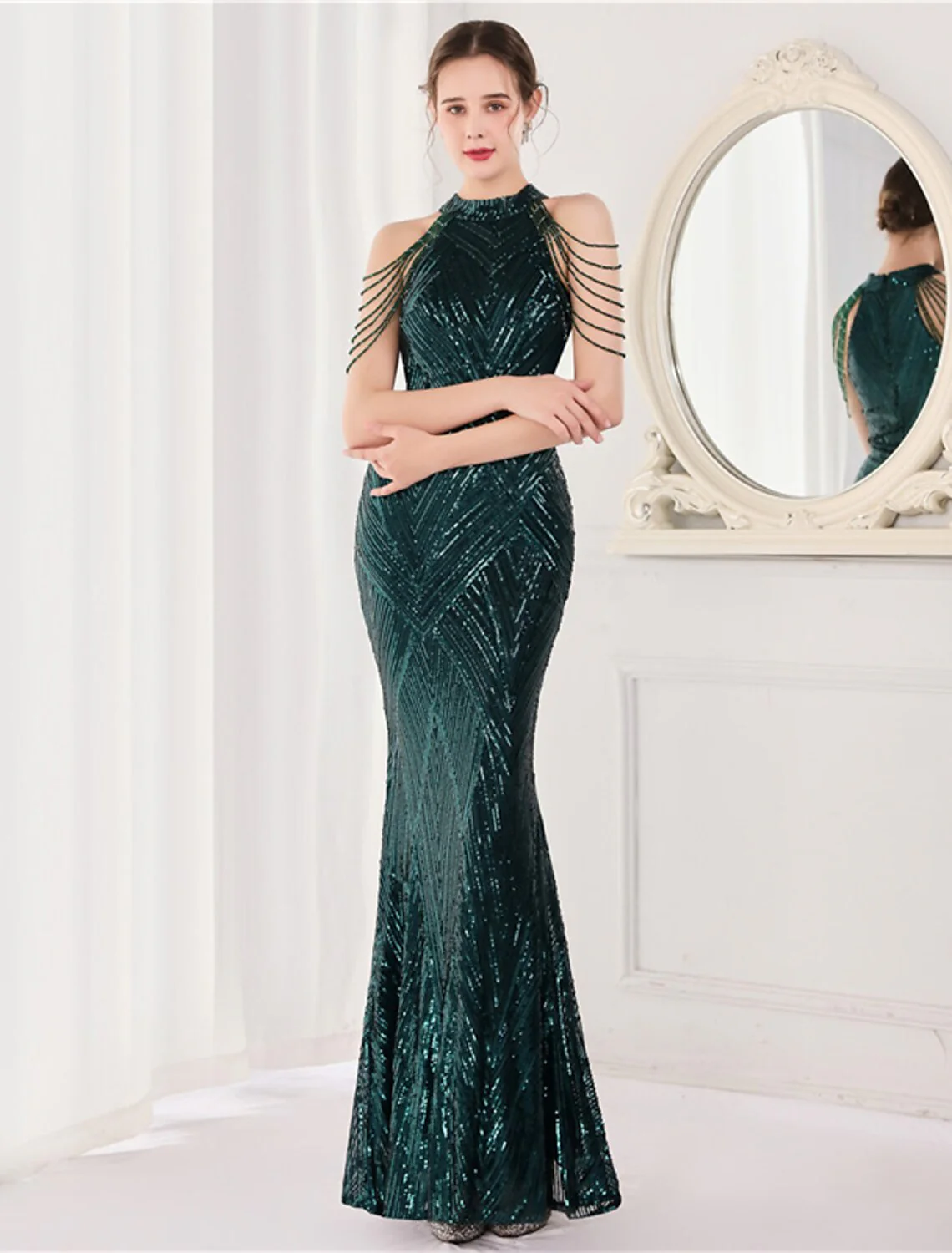 Mermaid / Trumpet Prom Dresses Sparkle & Shine Dress Formal Floor Length Sleeveless Halter Sequined with Sequin - TREBLEV