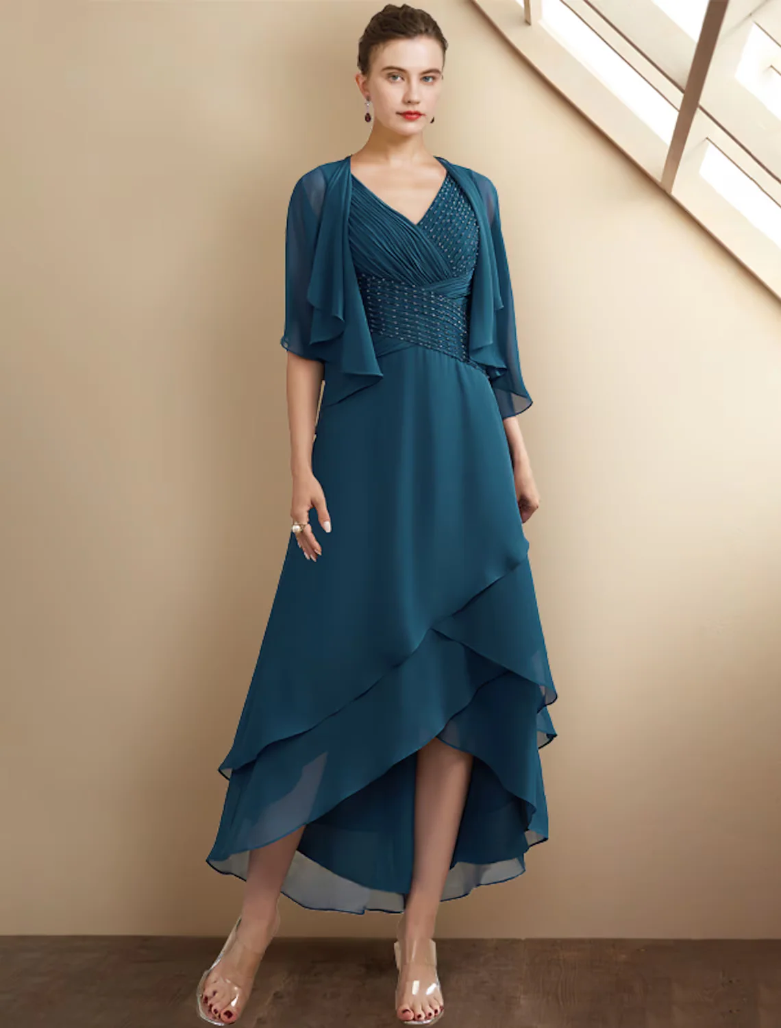 A-Line Mother of the Bride Dress Elegant High Low V Neck Asymmetrical Chiffon Sleeveless Wrap Included with Beading Cascading Ruffles Side-Draped - TREBLEV