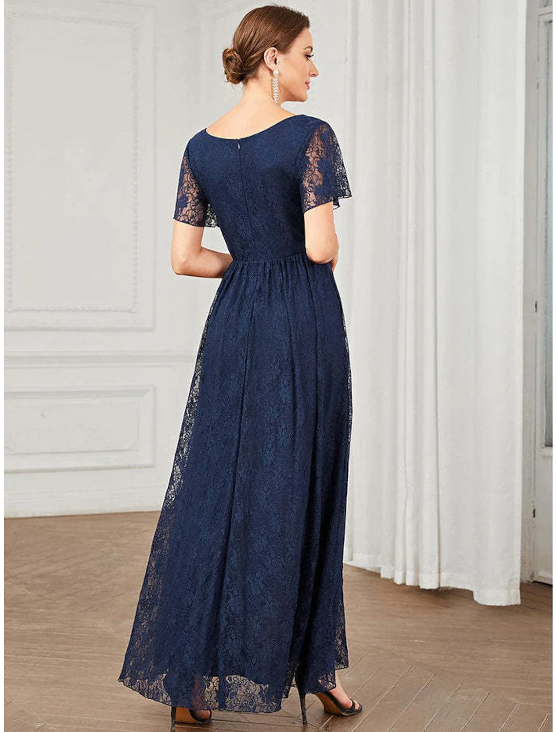 A-Line Wedding Guest Dresses Elegant Dress Holiday Asymmetrical Short Sleeve V Neck Lace with Appliques - TREBLEV