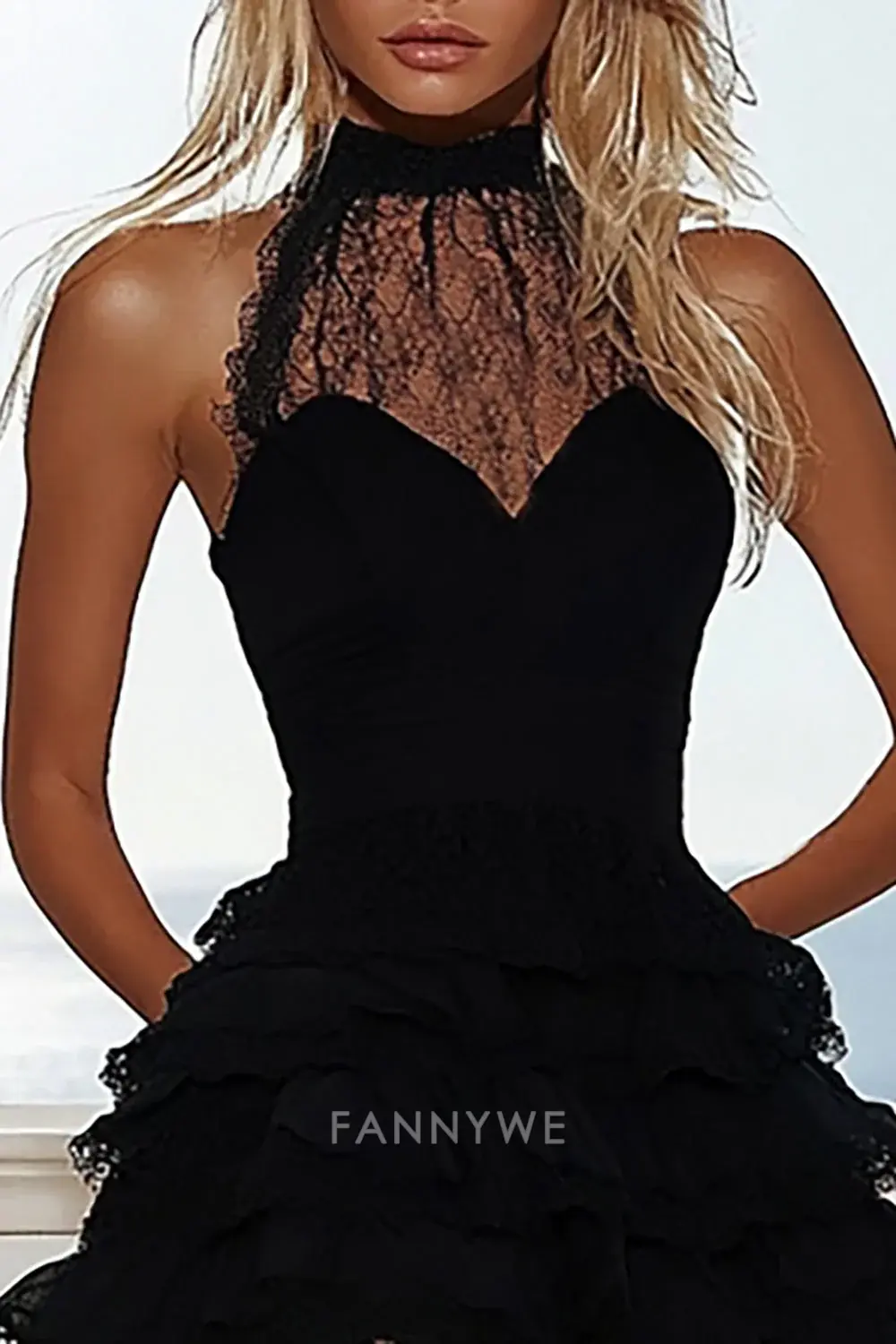 FannyWe Elegant Black Lace High Neck A Line Short Tiered Cocktail Homecoming Dress hot sale - TREBLEV