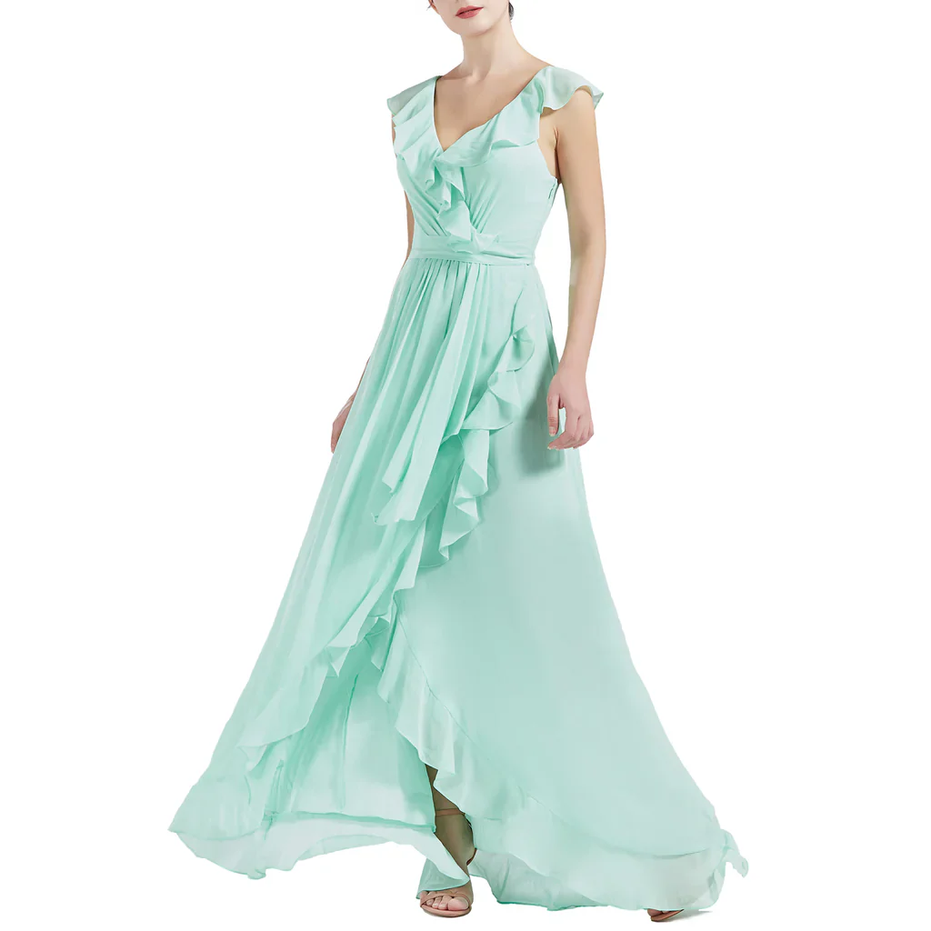 V Neck Ruffle Cap Sleeve Long Wedding Bridesmaid Dresses - TREBLEV
