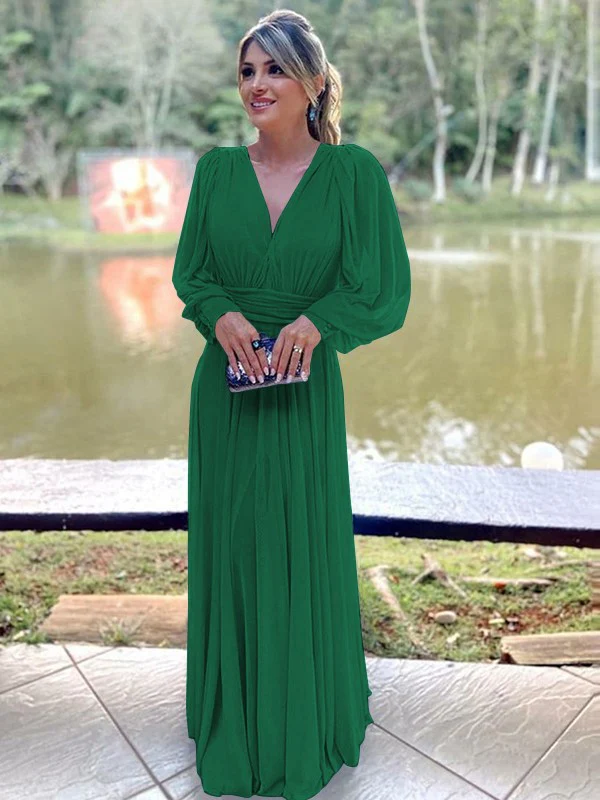A-Line/Princess Chiffon Ruffles V-neck Long Sleeves Floor-Length Mother of the Bride Dresses - TREBLEV