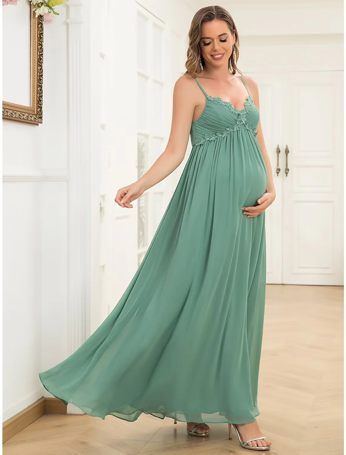A-Line Evening Gown Maternity Dress Wedding Guest Floor Length Sleeveless V Neck Chiffon V Back with Draping - TREBLEV