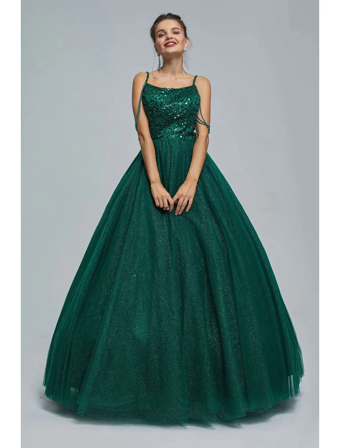 Sparkle Shine Dress Graduation Floor Length Sleeveless Strap Tulle with Pearls Sequin - TREBLEV