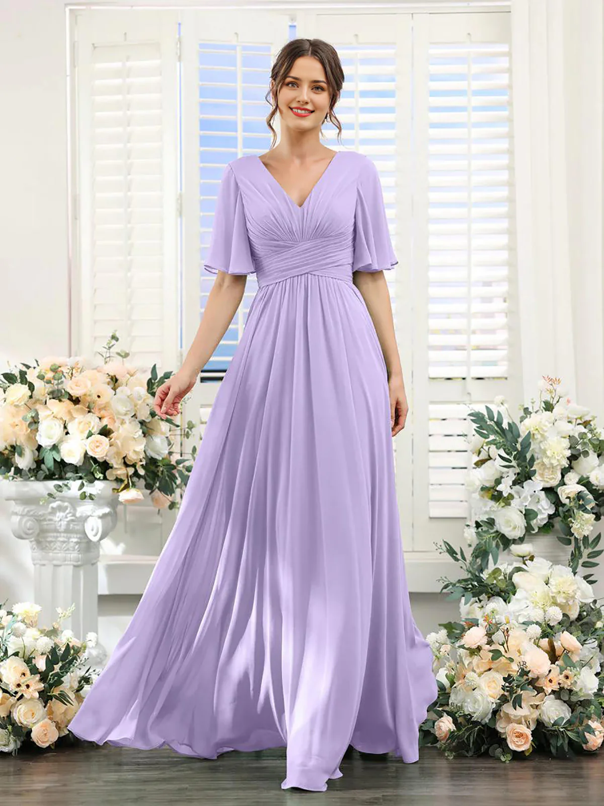 A-Line V Neck Sleeve Long Chiffon Formal Party Dresses for Wedding Guest Bridesmaid Dress - TREBLEV