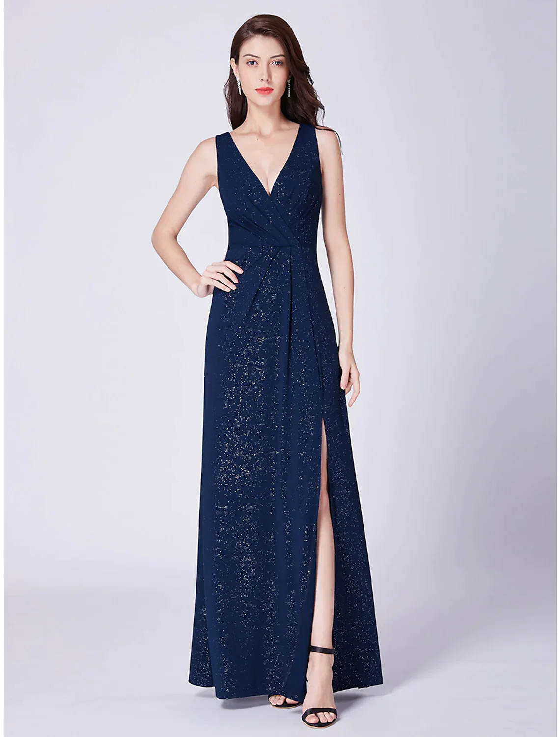 A-Line Elegant Formal Evening Dress V Neck Sleeveless Floor Length Cotton Blend with Draping - TREBLEV