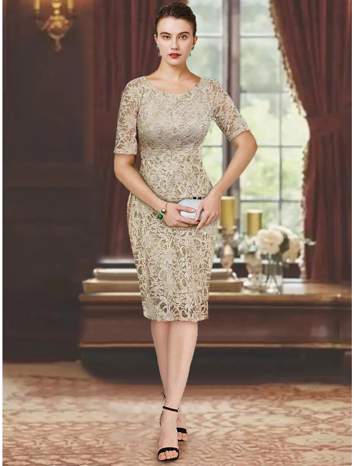 Two Piece Sheath / Column Mother of the Bride Dress Formal Wedding Guest Elegant Scoop Neck Knee Length Chiffon Lace Short Sleeve Jacket Dresses with Solid Color - TREBLEV