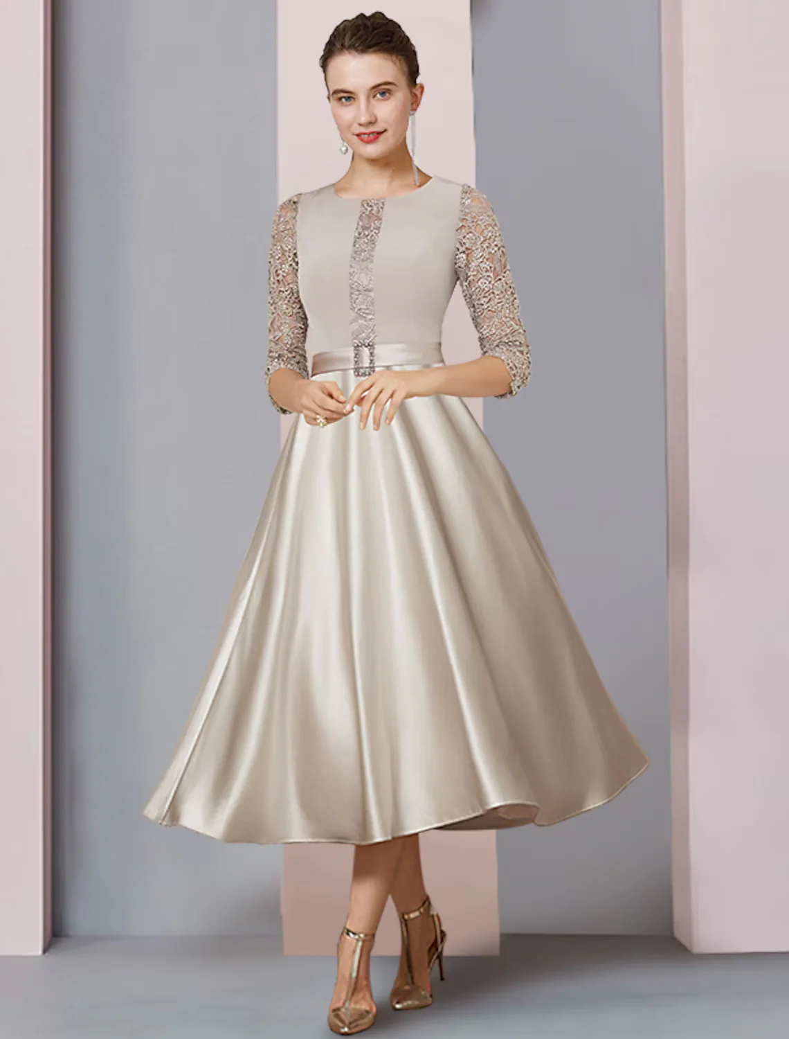 A-Line Mother of the Bride Dress Formal Wedding Guest Party Elegant Scoop Neck Satin Lace Half Sleeve with Crystal Brooch - TREBLEV