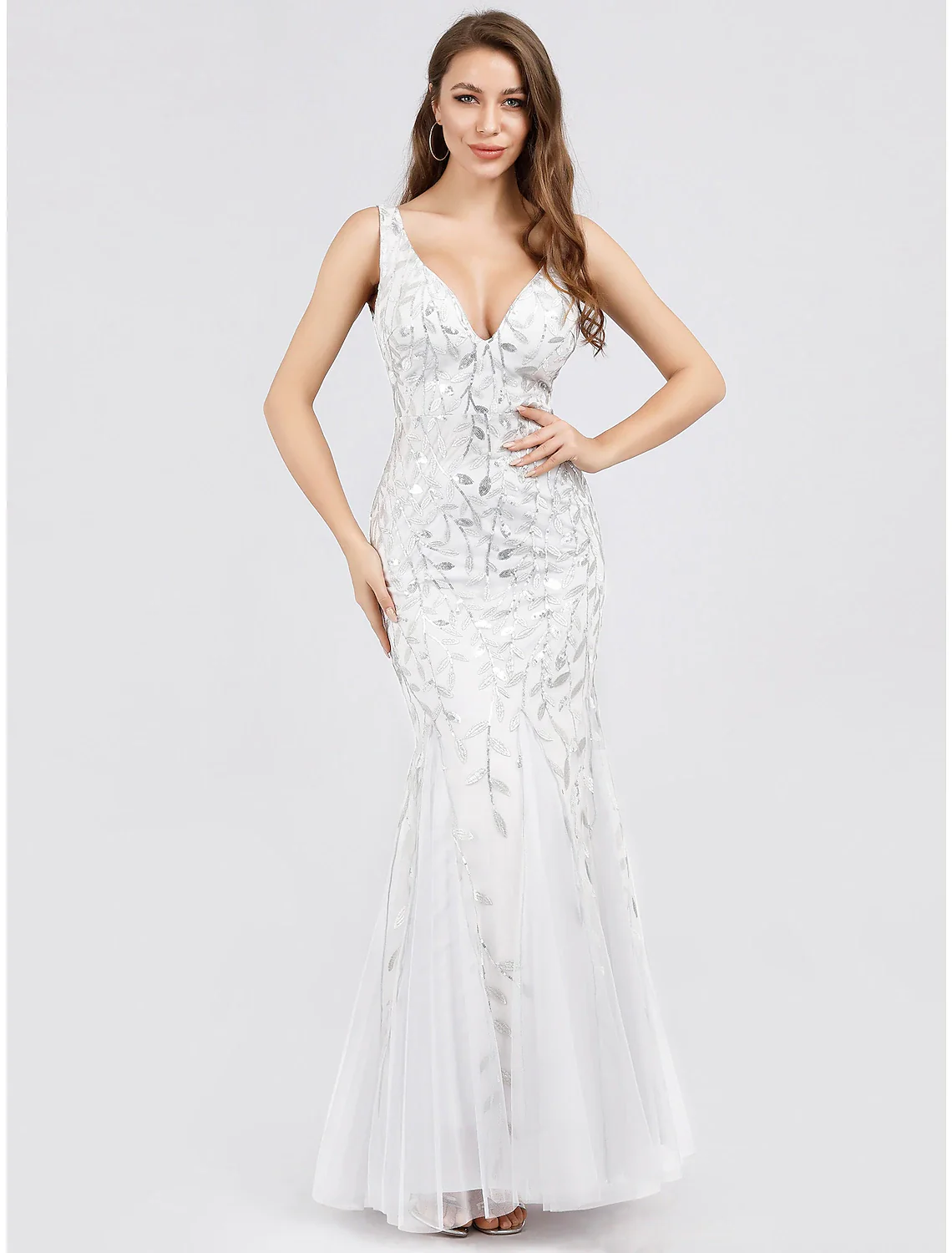 Mermaid / Trumpet Sparkle Sexy Prom Formal Evening Dress V Neck V Back Sleeveless Floor Length Tulle with Sequin Appliques - TREBLEV