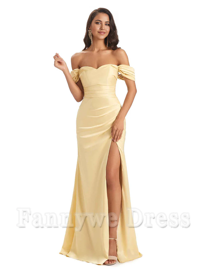 Mermaid Off-Shoulder Sweetheart Satin formal dresses evening gown Bridesmaid Dresses With Side Slit - TREBLEV