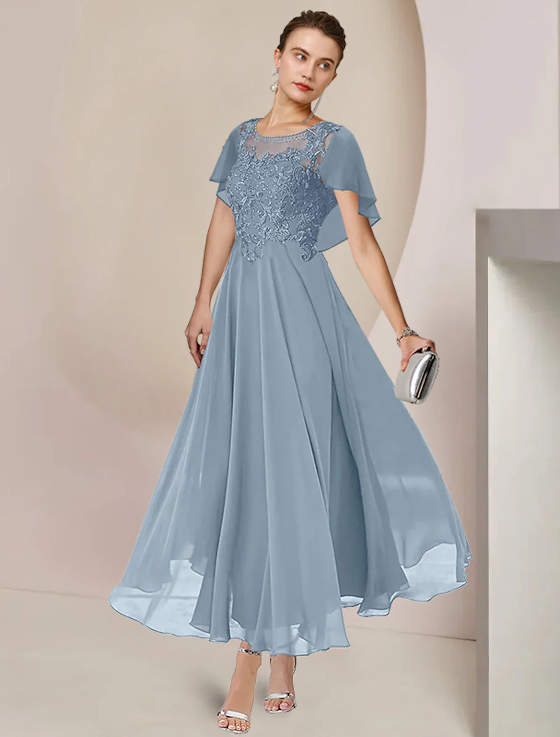 A-Line Mother of the Bride Dress Elegant Scoop Neck Tea Length Chiffon Lace Sleeveless with Beading Appliques - TREBLEV