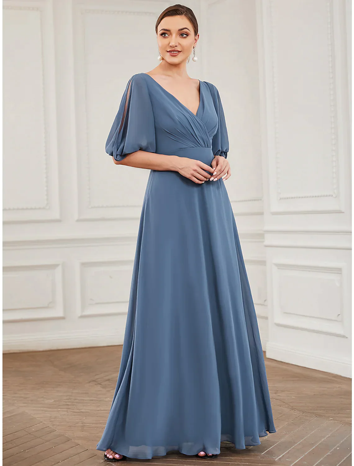 A-Line Evening Gown Dress Wedding Guest Floor Length Half Sleeve V Neck Chiffon with Pleats - TREBLEV