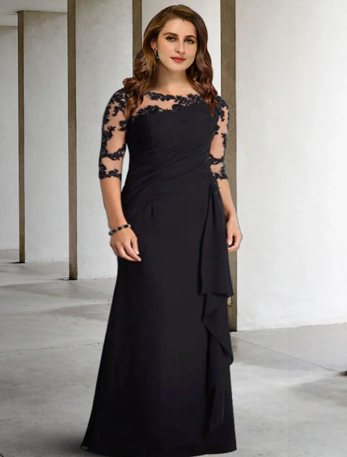 A-Line Plus Size Curve Mother of the Bride Dresses Elegant Fall Wedding Guest Dress Formal Floor Length Half Sleeve Jewel Neck Chiffon with Pleats Ruched Appliques - TREBLEV