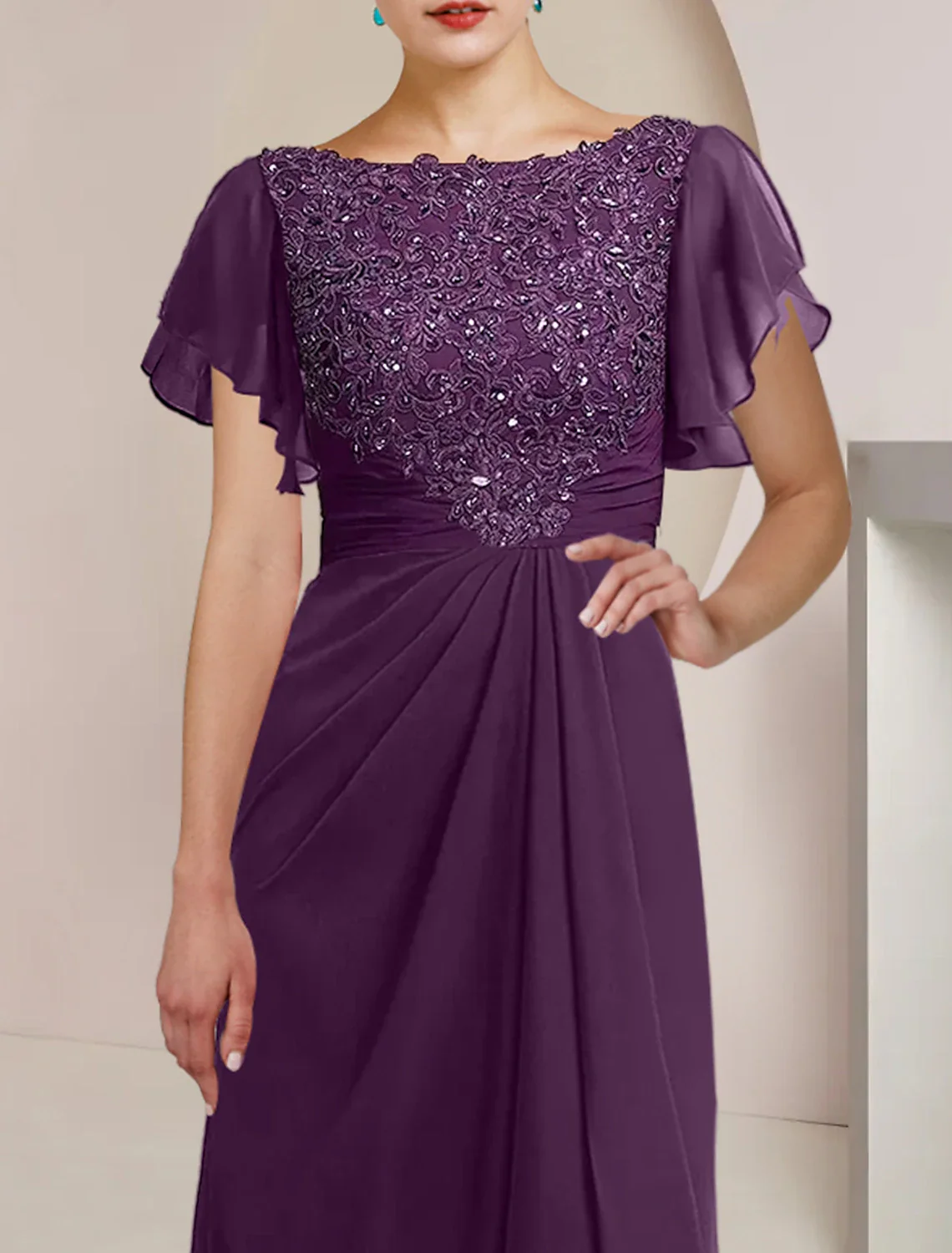 A-Line Mother of the Bride Dress Formal Wedding Guest Elegant Scoop Neck Tea Length Chiffon Lace 3/4 Length Sleeve with Beading Sequin Appliques - TREBLEV