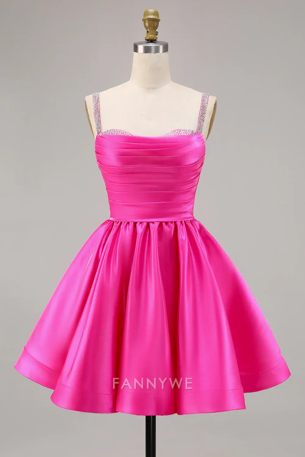 FannyWe Elegant Sparkly Fuchsia Ruched Satin Short Homecoming Dress with Beading hot sale - TREBLEV