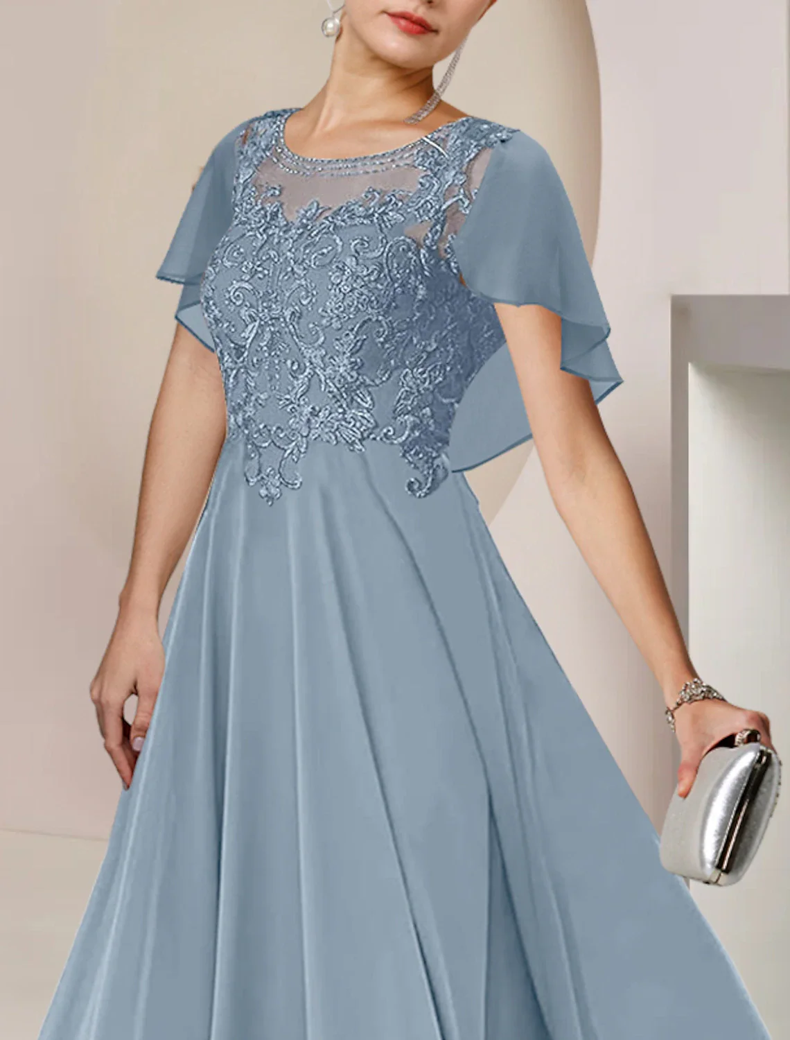 A-Line Mother of the Bride Dress Elegant Scoop Neck Tea Length Chiffon Lace Sleeveless with Beading Appliques - TREBLEV