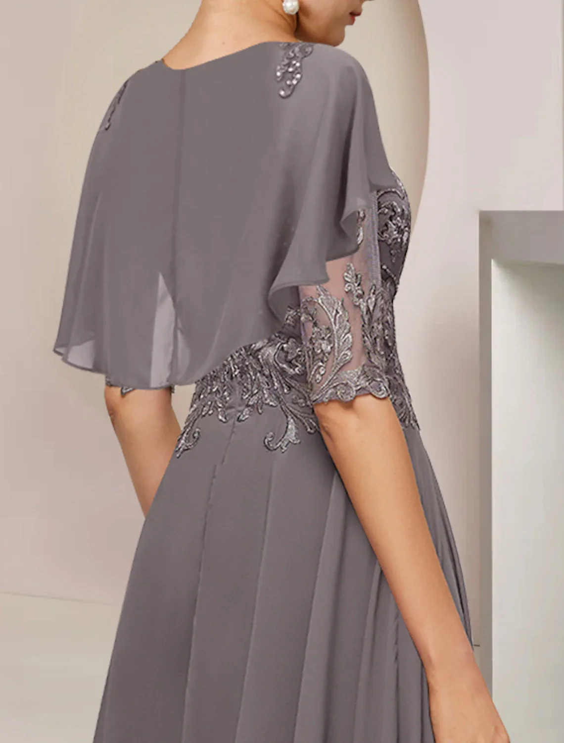 A-Line Mother of the Bride Dress Formal Wedding Guest Elegant Scoop Neck Asymmetrical Tea Length Chiffon Lace Half Sleeve with Beading Appliques - TREBLEV