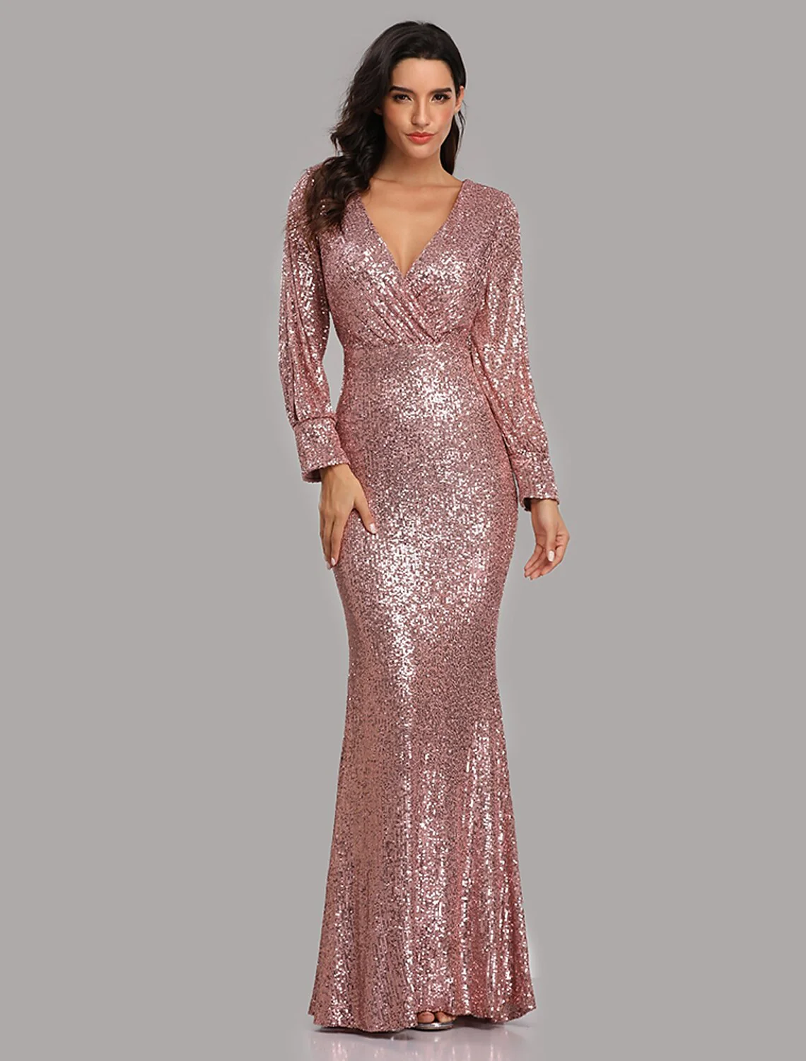 Mermaid / Trumpet Evening Gown Sparkle Dress Party Wear Floor Length Long Sleeve V Neck Sequined with Sequin - TREBLEV