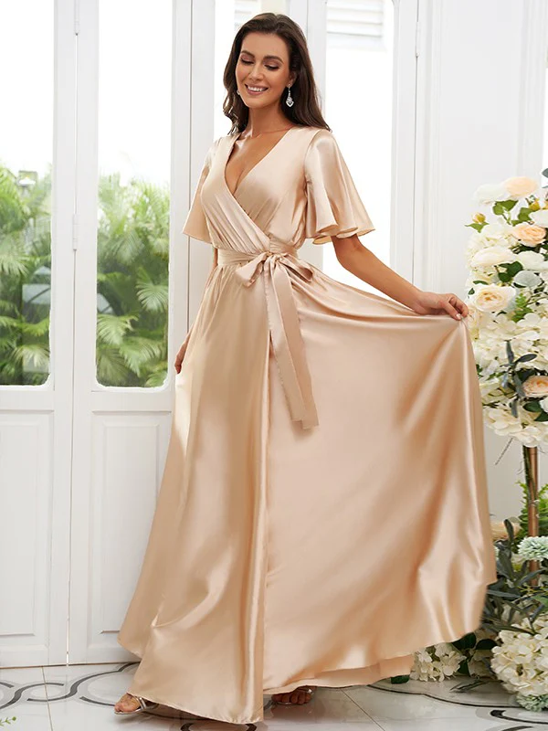 A-Line/Princess Silk like Satin Sash/Ribbon/Belt V-neck Short Sleeves Floor-Length Bridesmaid Dresses - TREBLEV