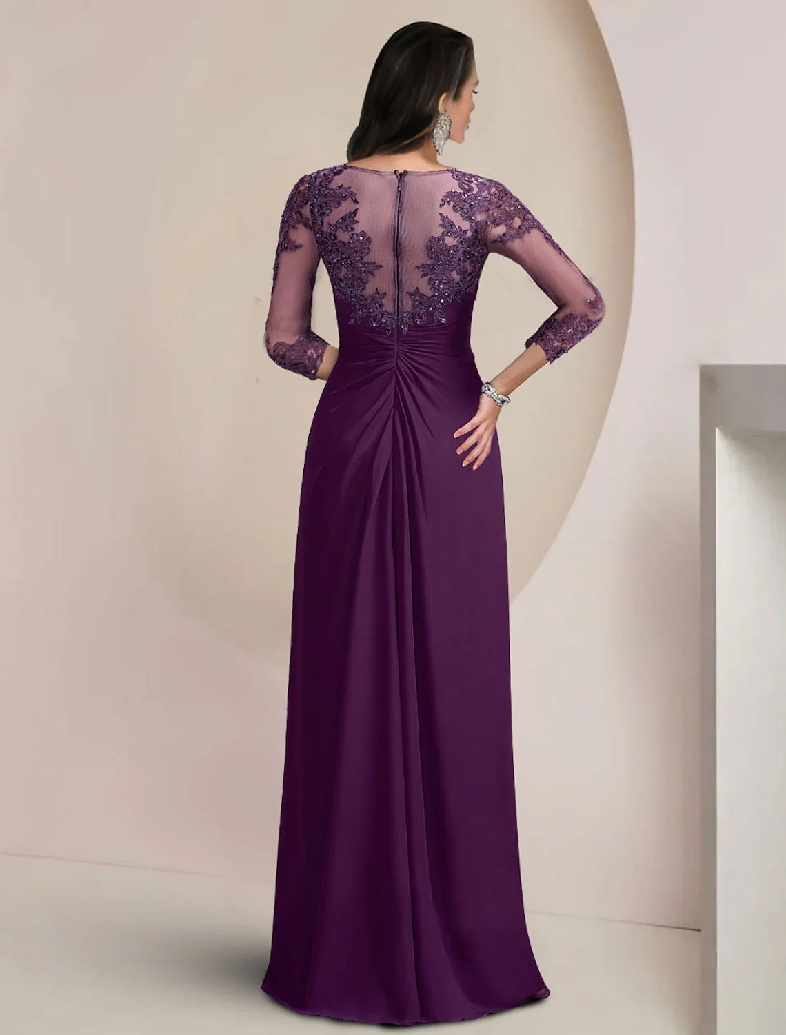 Sheath / Column Mother of the Bride Dress Formal Wedding Guest Elegant Sparkle & Shine Jewel Neck Asymmetrical Floor Length Chiffon Lace 3/4 Length Sleeve with Sequin Appliques - TREBLEV