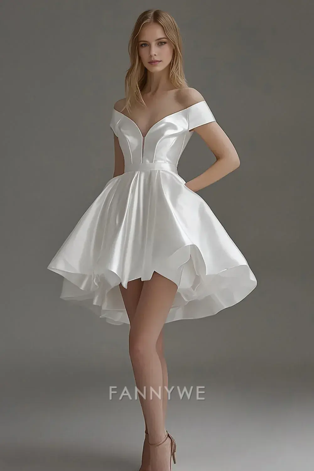 FannyWe Elegant White Mini Dress Satin Off The Shoulder A Line Short Graduation Dress - TREBLEV