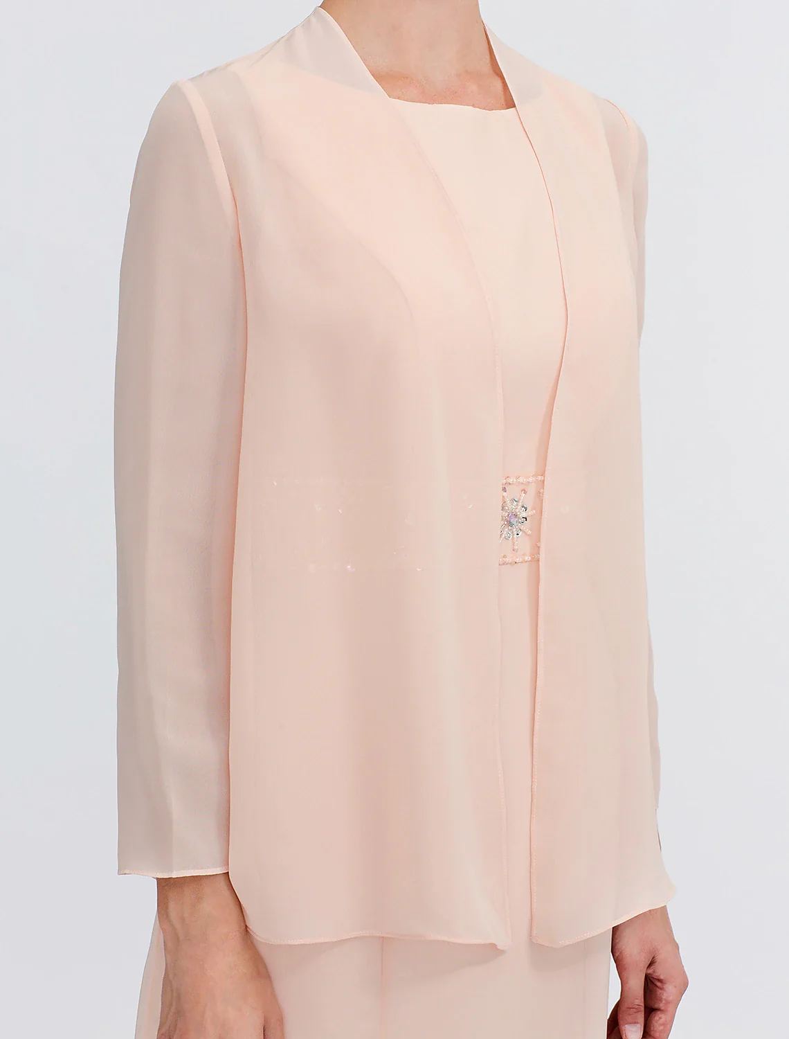 Two Piece Sheath / Column Mother of the Bride Dress Fall Wedding Guest Dresses Plus Size Elegant Jewel Neck Tea Length Chiffon Sleeveless Wrap Included with Sash / Ribbon Pleats Beading - TREBLEV