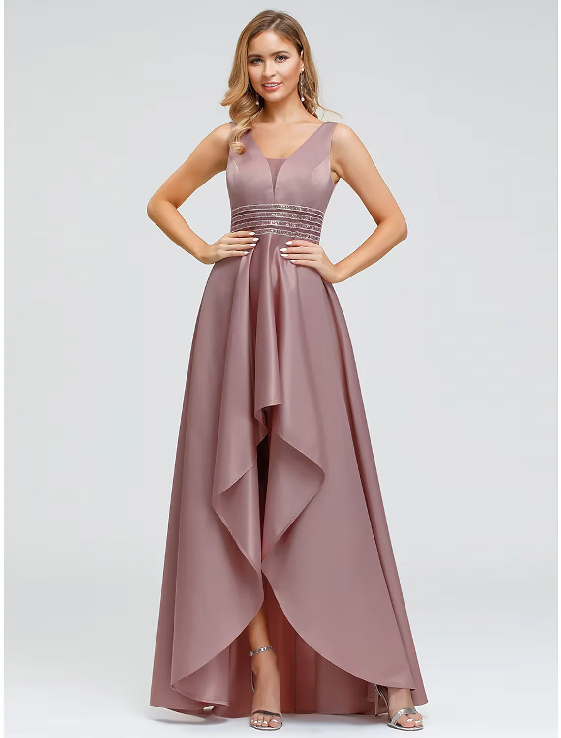 A-Line Elegant Wedding Guest Cocktail Party Dress V Neck V Back Sleeveless Asymmetrical Polyester with Crystals Beading - TREBLEV