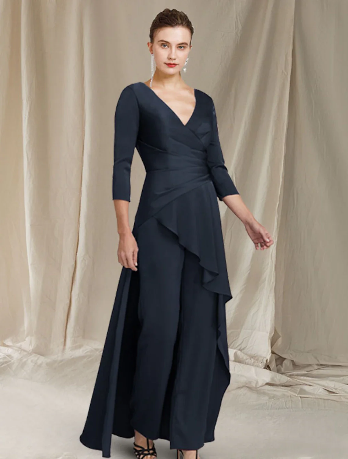 Jumpsuit / Pantsuit Mother of the Bride Dress Elegant V Neck Floor Length Chiffon 3/4 Length Sleeve with Ruched Ruffles - TREBLEV