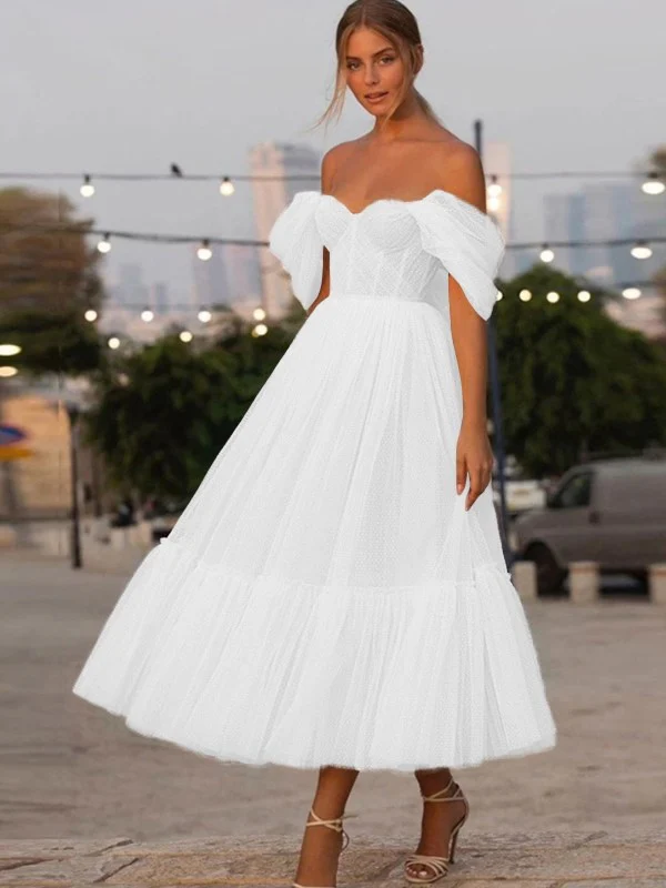 A-Line/Princess Tulle Ruffles Off-the-Shoulder Sleeveless Tea-Length Homecoming Dresses - TREBLEV