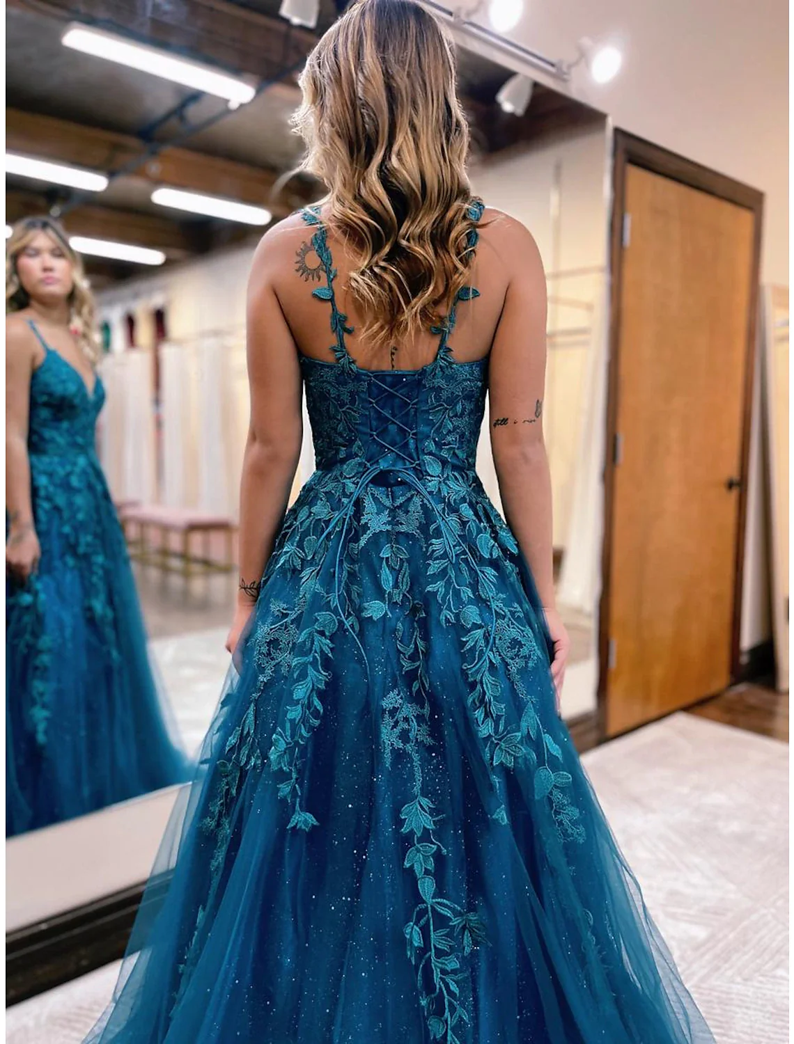 Ball Gown A-Line Prom Dresses Sparkle & Shine Dress Formal Floor Length Sleeveless V Neck Tulle Backless with Glitter Appliques - TREBLEV