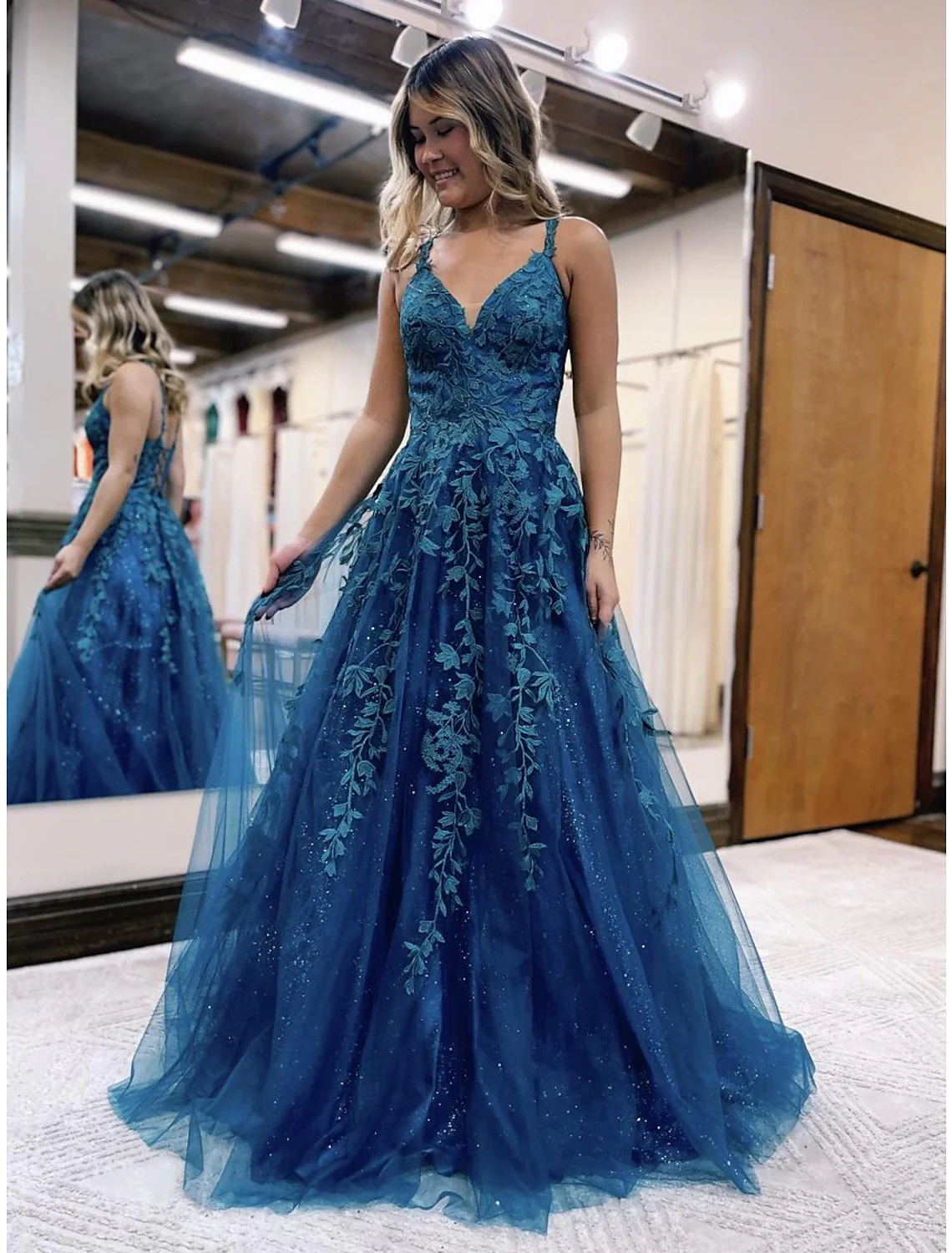 Ball Gown A-Line Prom Dresses Sparkle & Shine Dress Formal Floor Length Sleeveless V Neck Tulle Backless with Glitter Appliques - TREBLEV