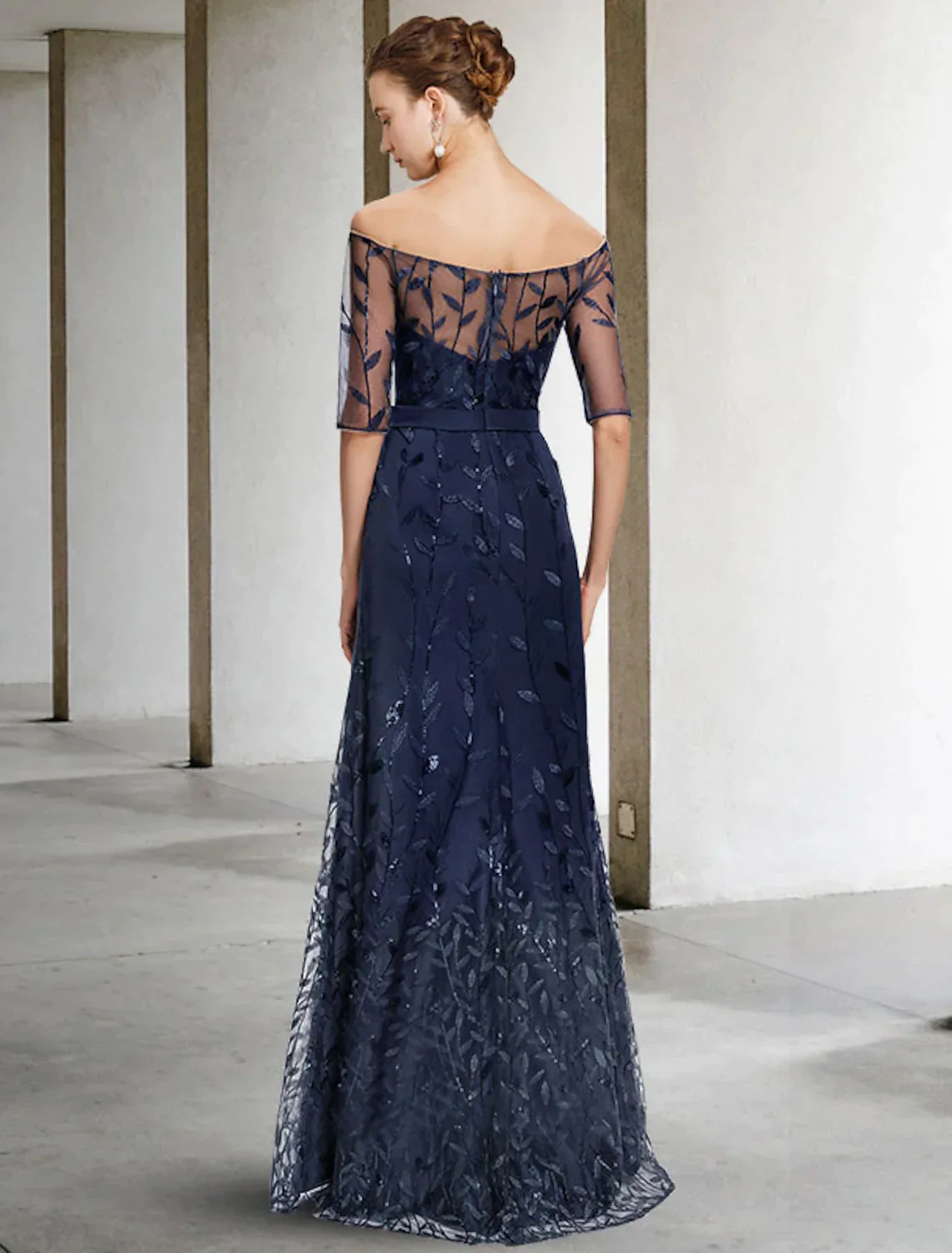 A-Line Mother of the Bride Dress Elegant Off Shoulder Floor Length Lace Tulle Half Sleeve with Sequin Appliques - TREBLEV