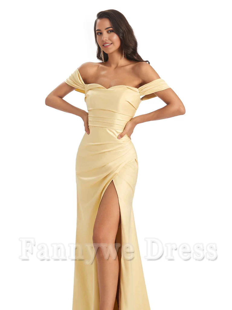 Mermaid Off-Shoulder Sweetheart Satin formal dresses evening gown Bridesmaid Dresses With Side Slit - TREBLEV