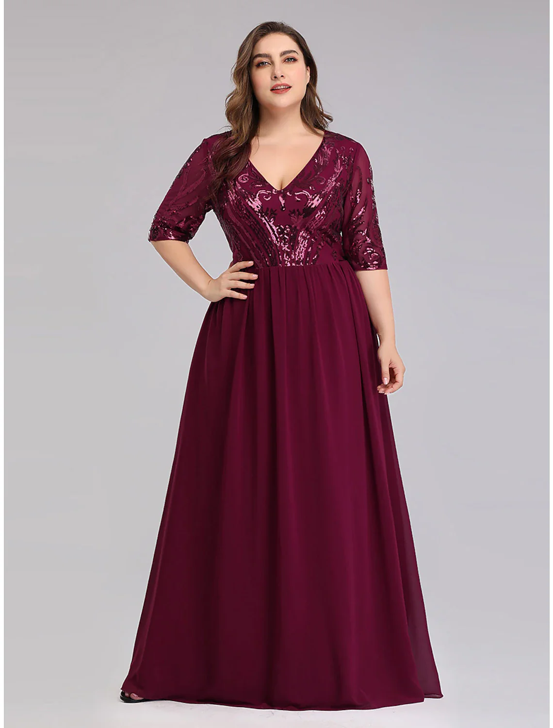 A-Line Prom Dresses Plus Size Dress Wedding Guest Floor Length Half Sleeve Plunging Neck Chiffon - TREBLEV