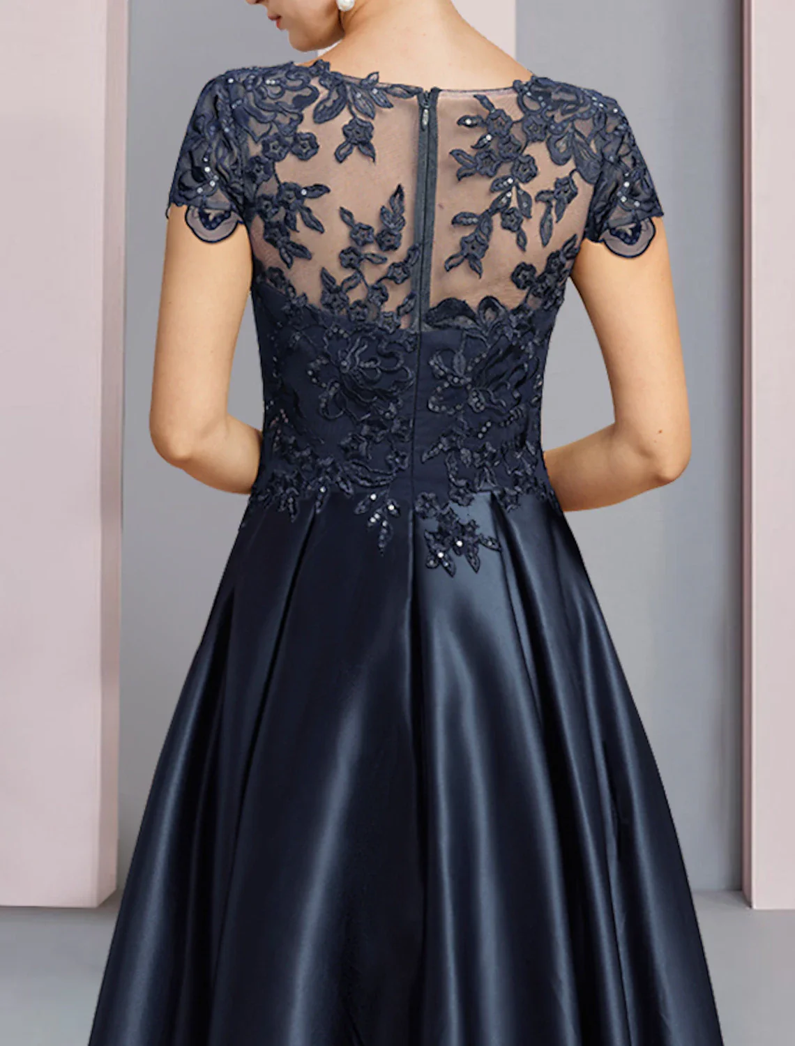 A-Line Mother of the Bride Dress Formal Wedding Guest Party Elegant High Low Scoop Neck Asymmetrical Tea Length Satin Lace Half Sleeve with Sequin Appliques - TREBLEV