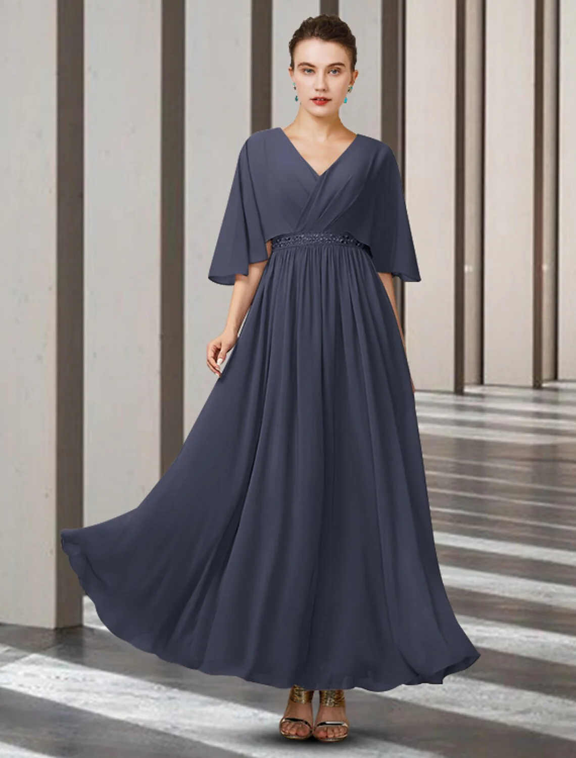 A-Line Mother of the Bride Dress Elegant V Neck Ankle Length Chiffon Half Sleeve with Sash Ribbon Pleats - TREBLEV