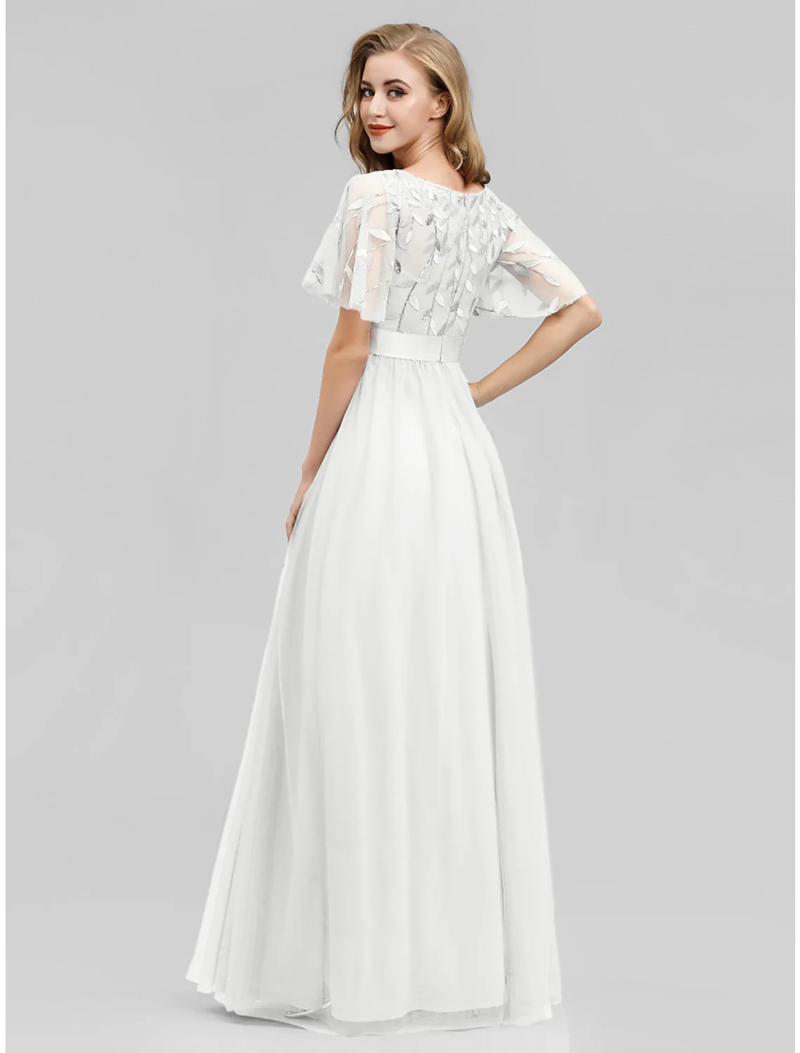 A-Line Prom Dresses Empire Dress Wedding Guest Floor Length Short Sleeve Jewel Neck Tulle with Sequin Appliques - TREBLEV