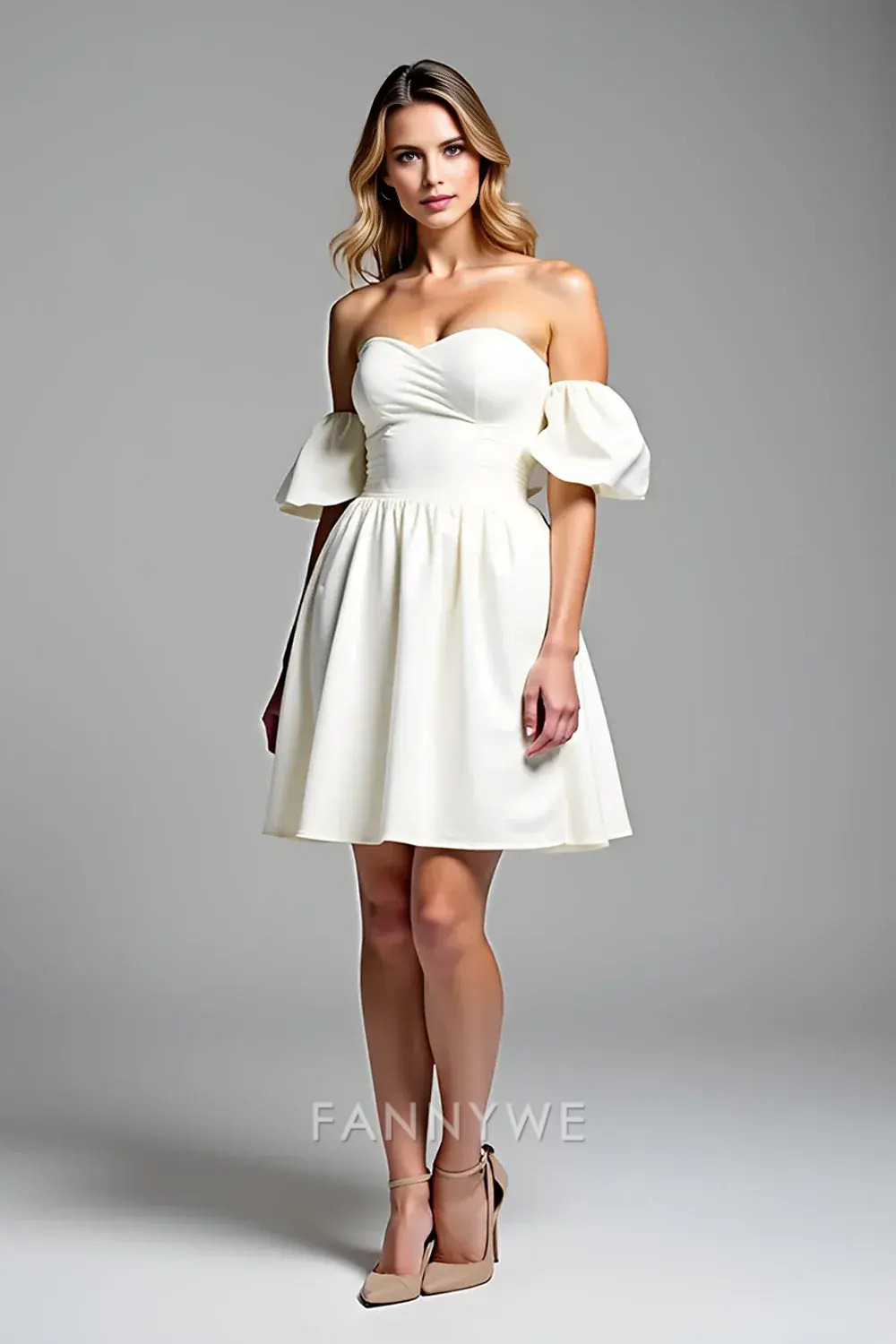 FannyWe Elegant A Line Off the Shoulder White Satin Short Graduation Dress - TREBLEV