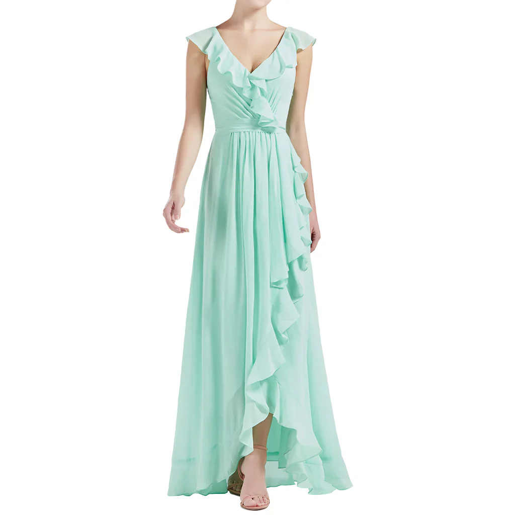 V Neck Ruffle Cap Sleeve Long Wedding Bridesmaid Dresses - TREBLEV
