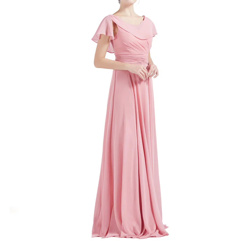 A Line Neck Ruffle Short Sleeves Wedding Bridesmaid Dresses - TREBLEV
