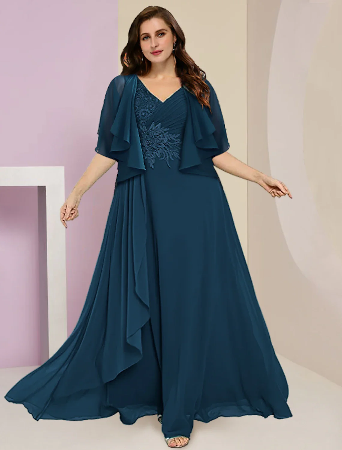 Two Piece A-Line Mother of the Bride Dress Formal Wedding Guest Plus Size Elegant V Neck Floor Length Chiffon Lace Sleeveless with Ruched Appliques - TREBLEV