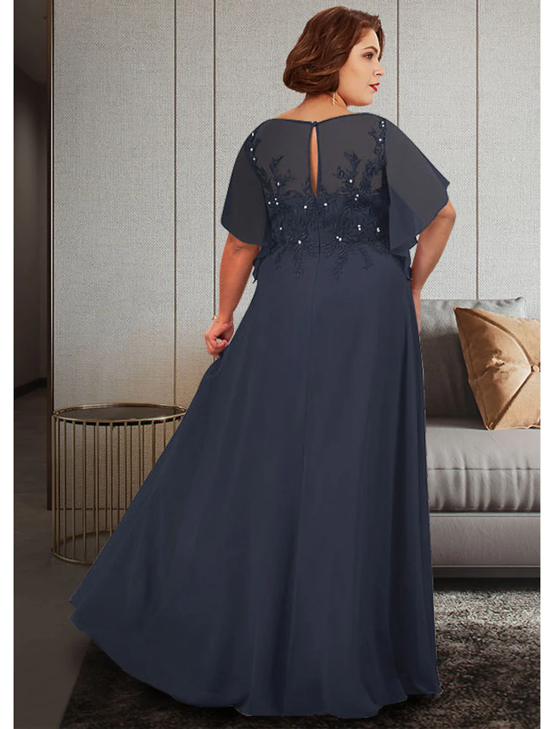 A-Line Mother of the Bride Dress Plus Size Elegant Jewel Neck Floor Length Chiffon Lace Half Sleeve with Appliques - TREBLEV