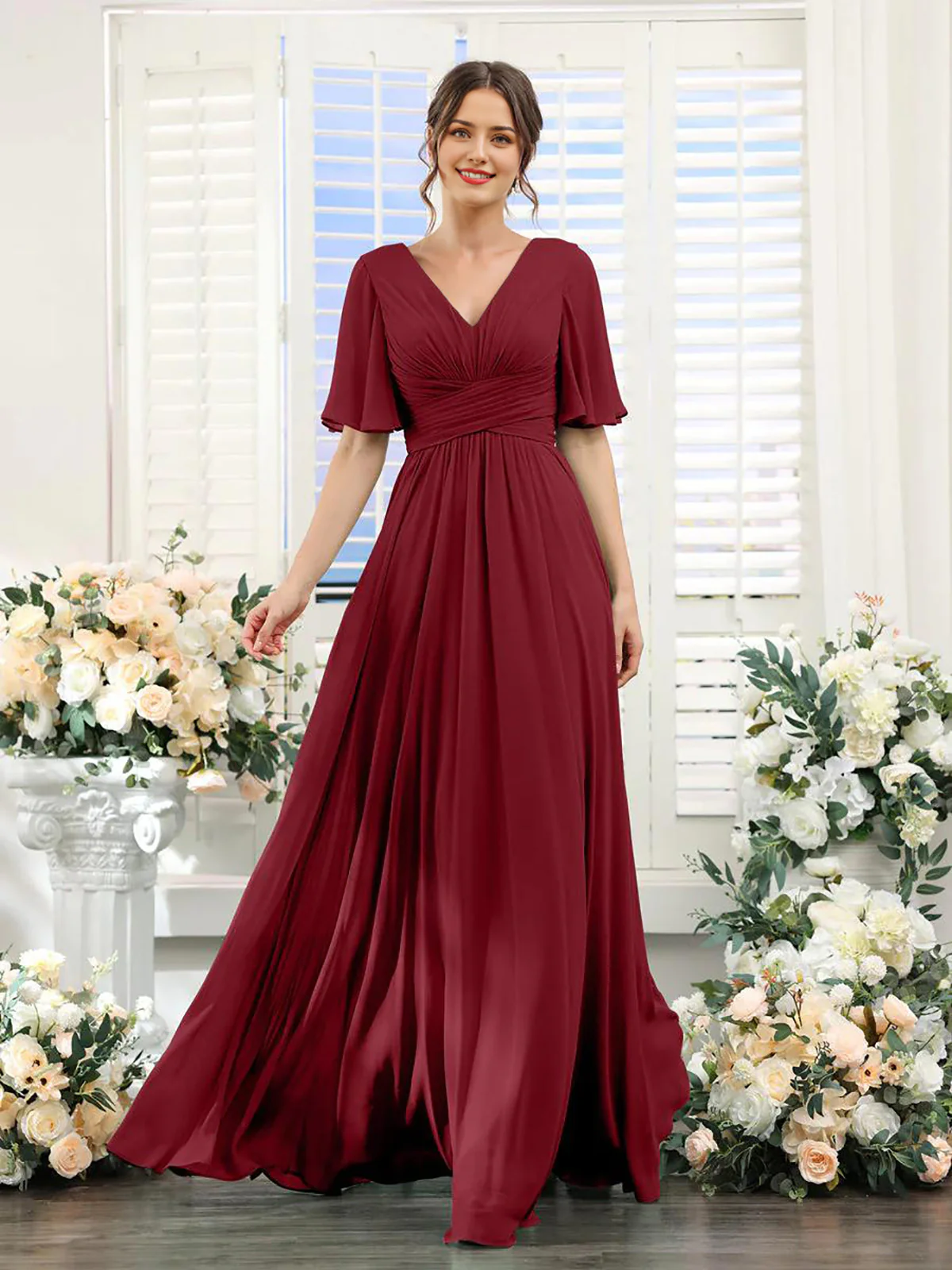 A-Line V Neck Sleeve Long Chiffon Formal Party Dresses for Wedding Guest Bridesmaid Dress - TREBLEV